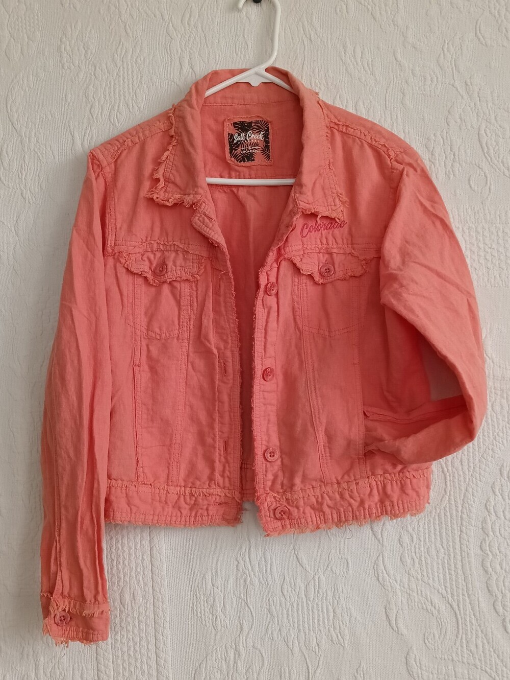Colorado Logo Denim Jacket Coral Pink Frayed Edges Lightweight - Picture 13 of 13